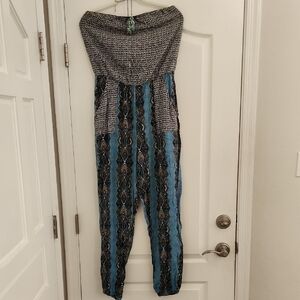 Stylish Patterned Tube Halter Top Necklace Blue and Black Women's Jumpsuit L